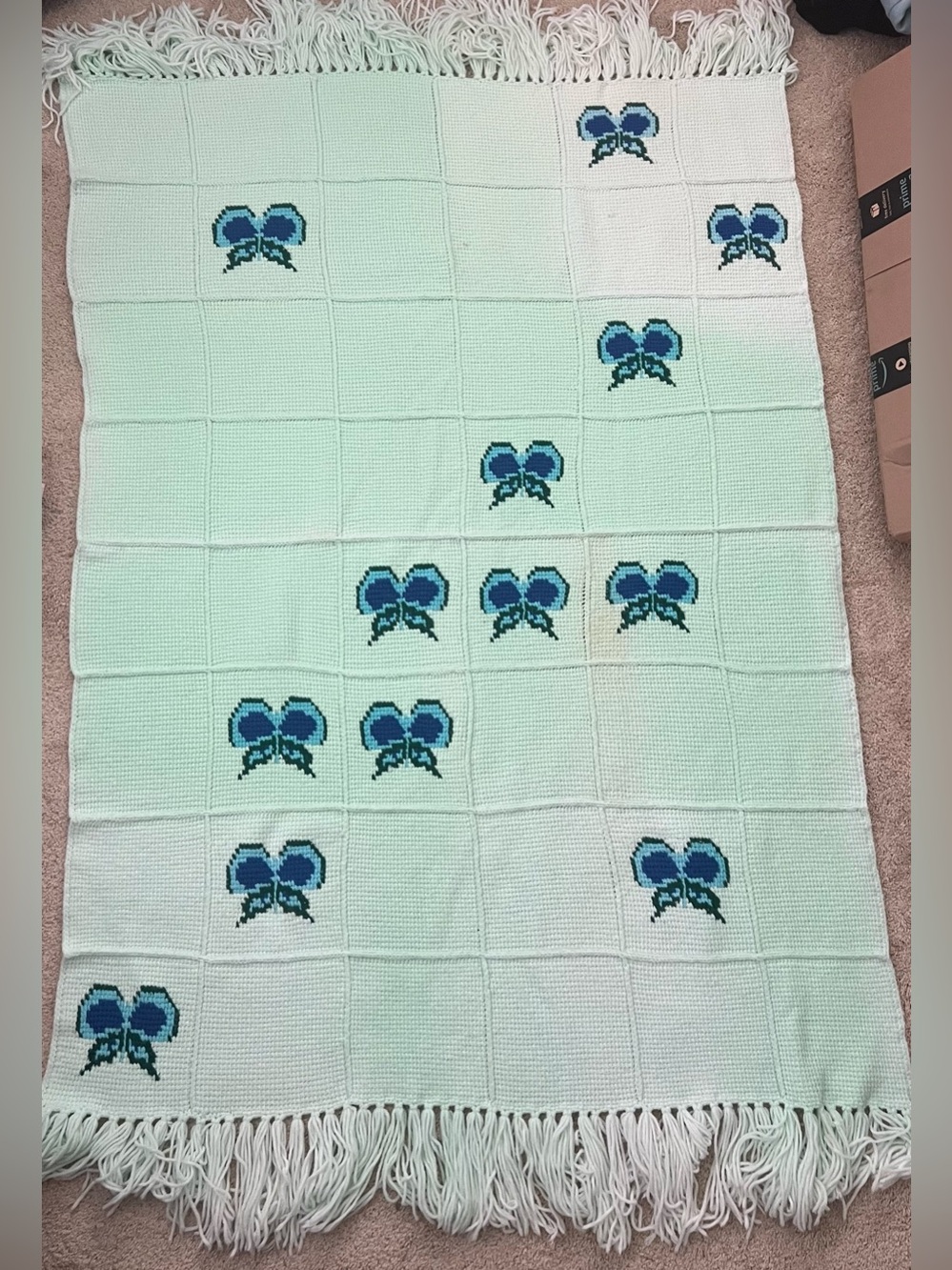 Vintage Handmade Crochet Butterfly Afghan Mint Green Blue Throw Blanket